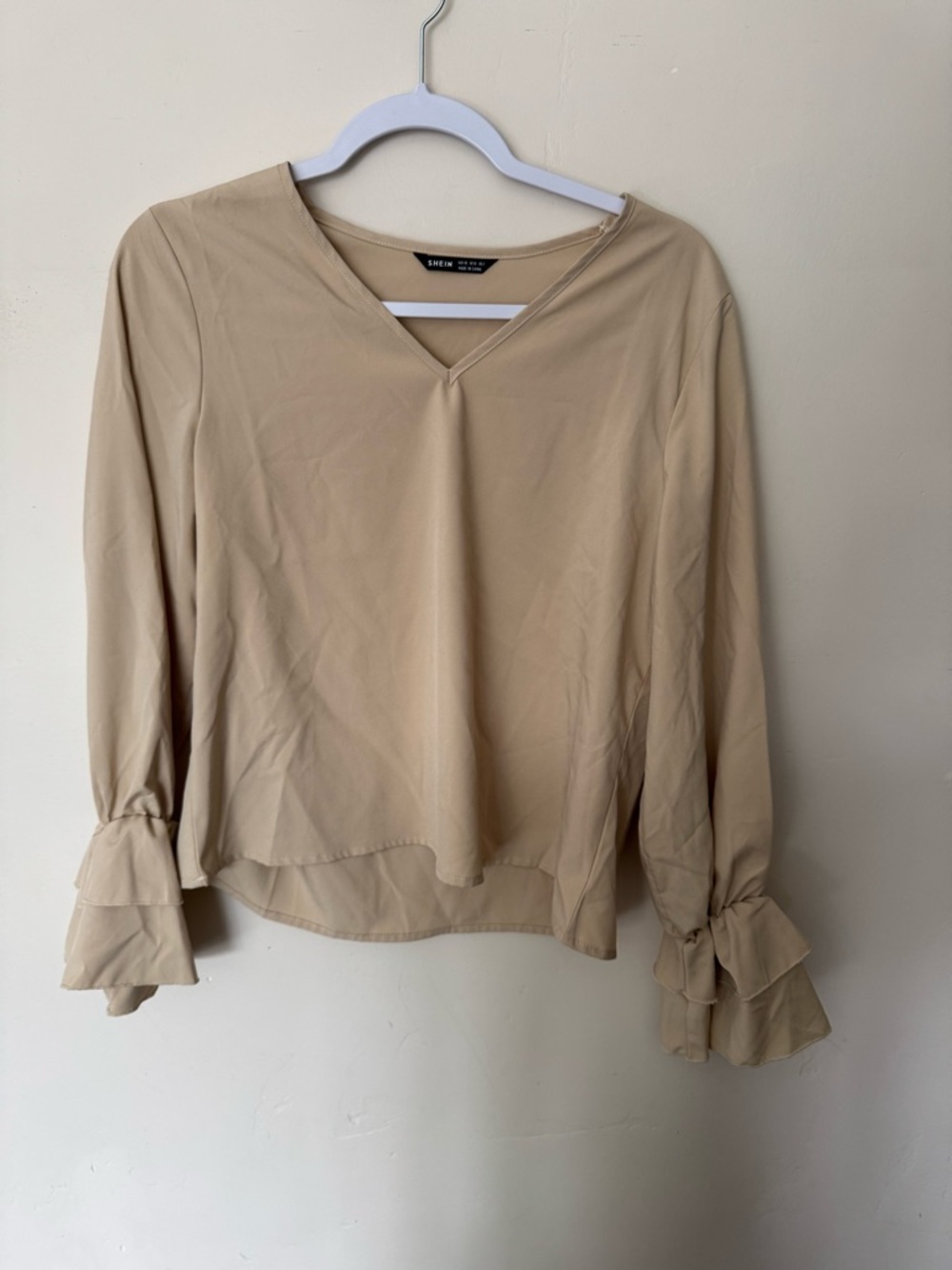 Shein Beige V-Neck Ruffle Cuff Long-Sleeve Top